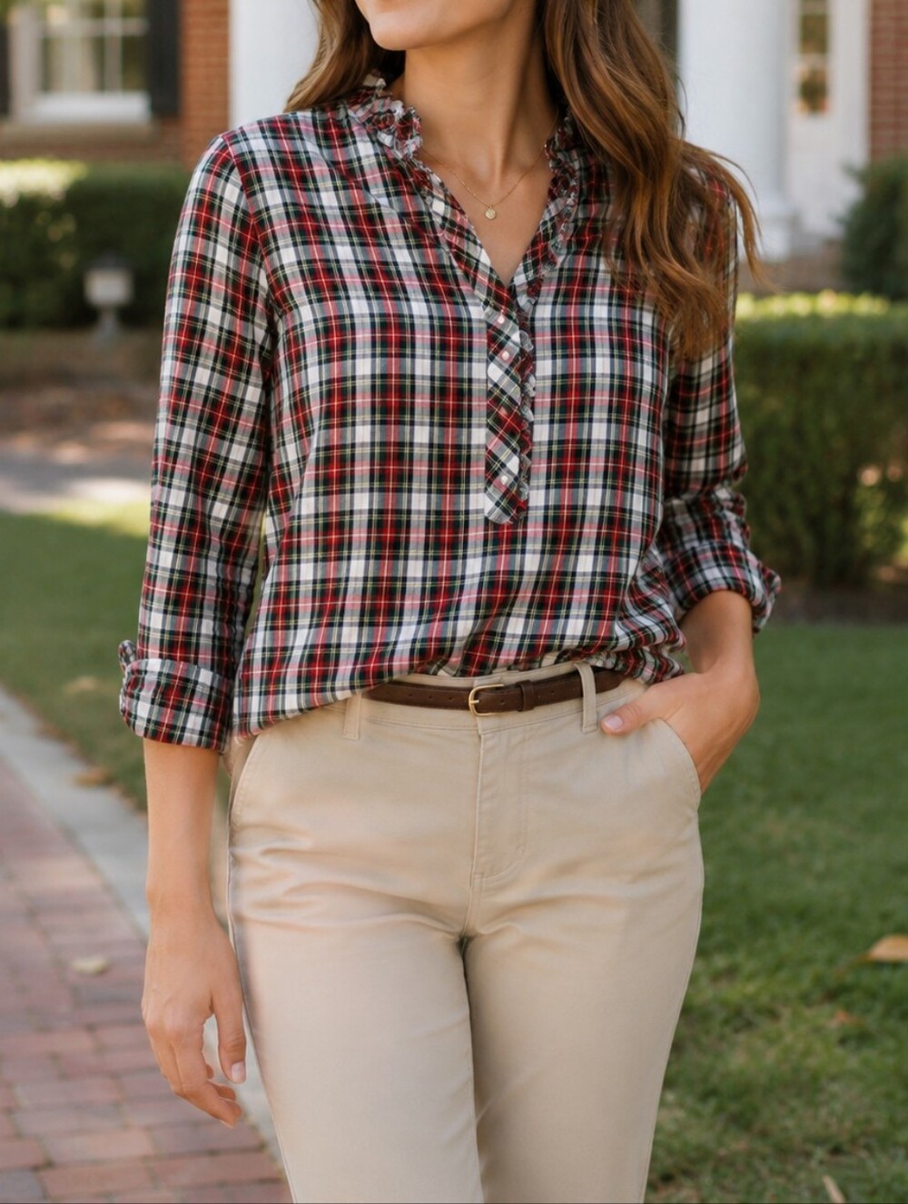 GAP Women’s Red Green Black Plaid Ruffle Front Button Down Shirt Preppy